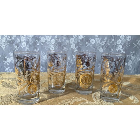 Unbranded Other - Vintage 50s Christmas Tumblers 1950s Gold & Clear Holiday Drinking Glasses Bar